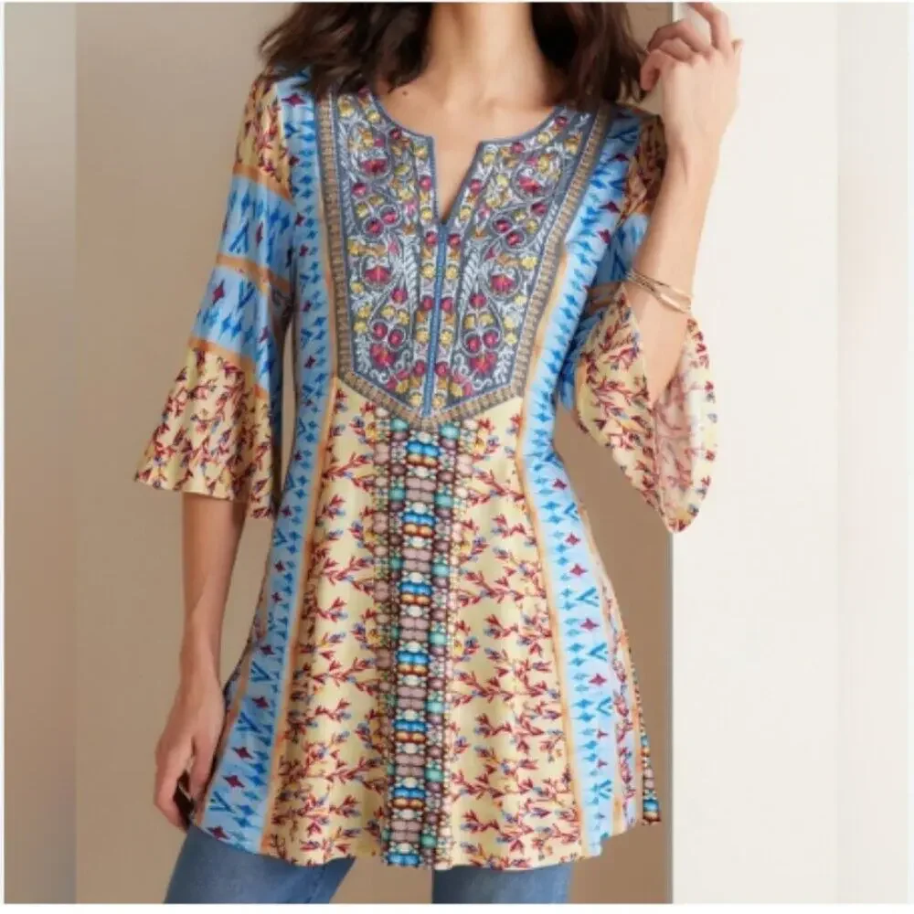 Soft Surroundings Fifi Tunic Top XL Embroidered Mixed Print Bell Sleeve Floral - Picture 13 of 13